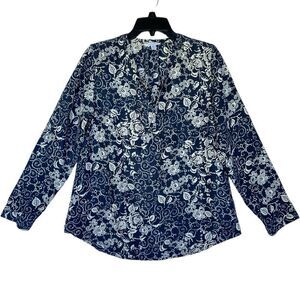 Garnet Hill silk Blouse Pullover Top Long lightweight Sleeve V-Neck Floral Blue